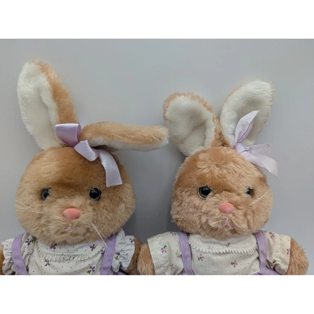 Dakin Plush Bunny Rabbit Tan Vintage 1983 Floral Dress Purple Lot of 2